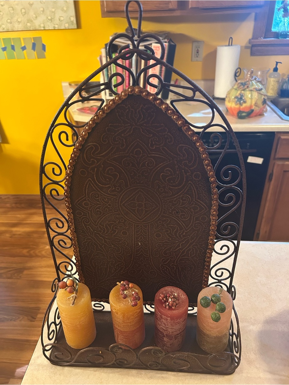 Decorative Iron Candle Holder with Four Pillar Candles